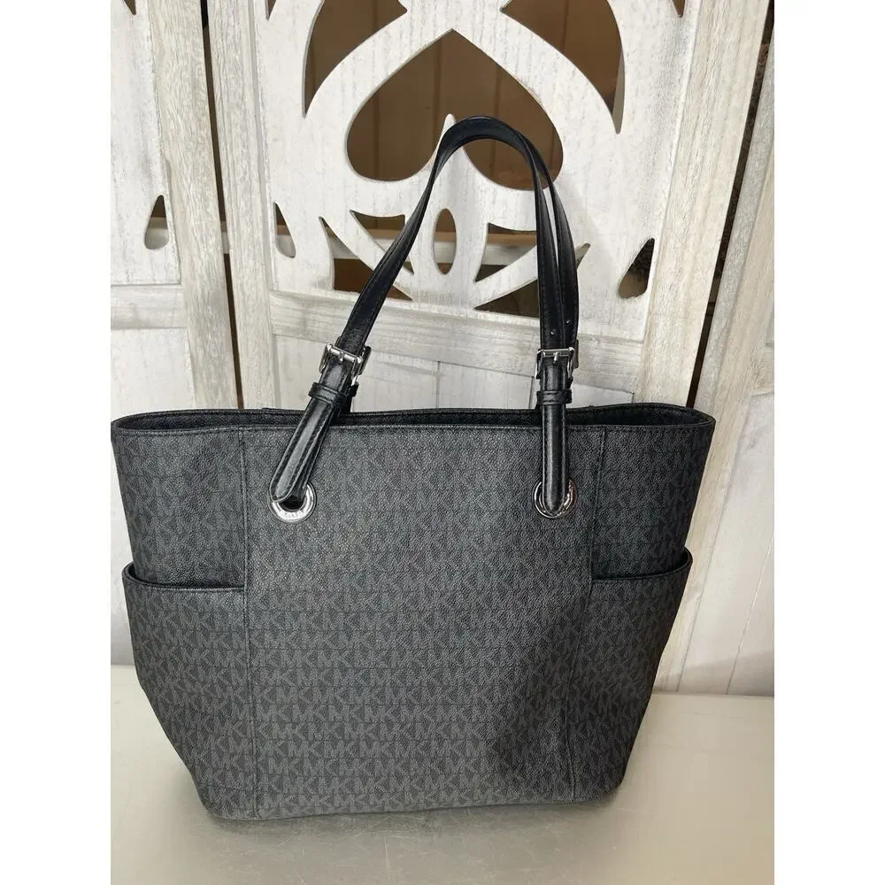 Michael Kors Signature Large Jet Set Logo Tote Black With Silver Hardware